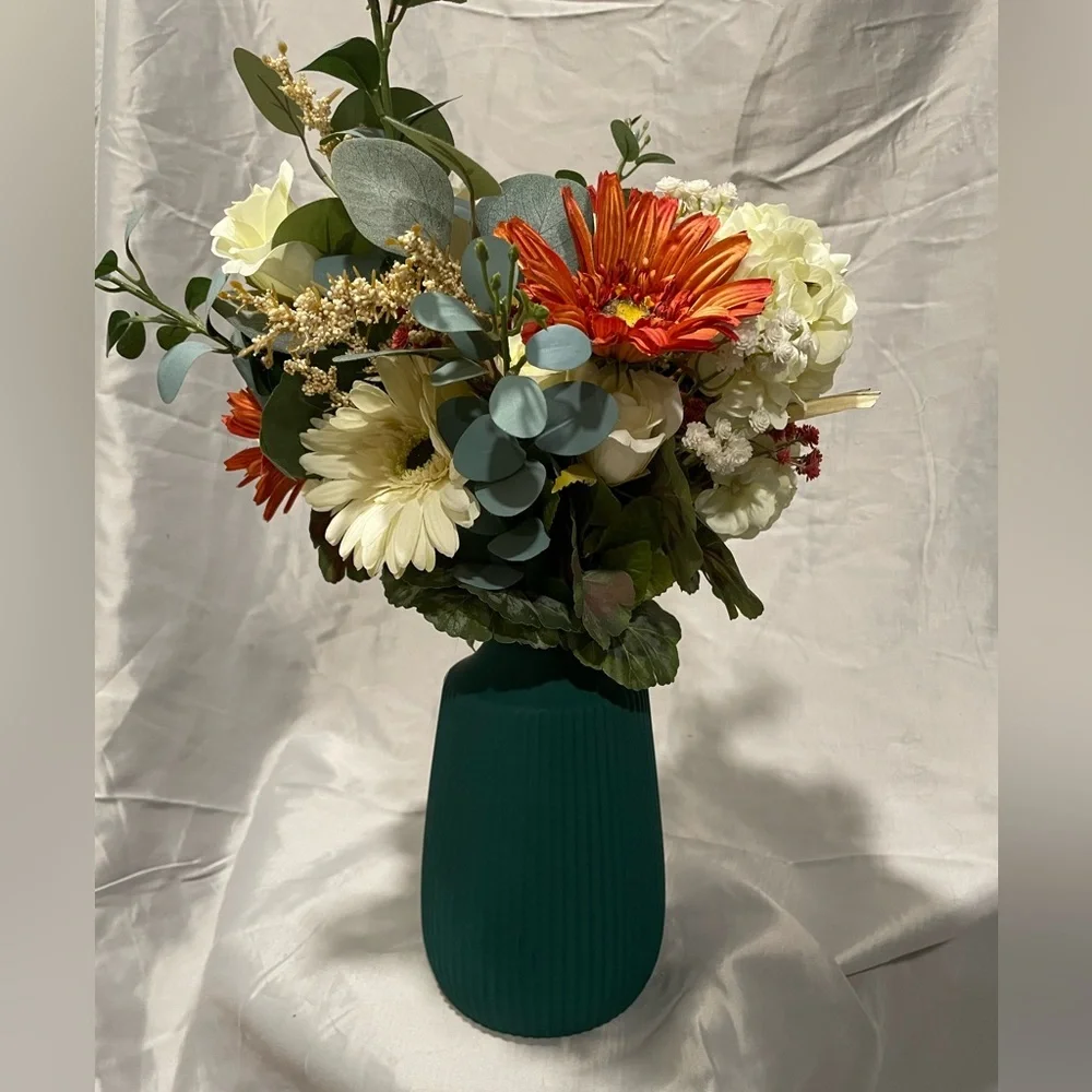 Vibrant Handmade Floral Arrangement in Green Vase